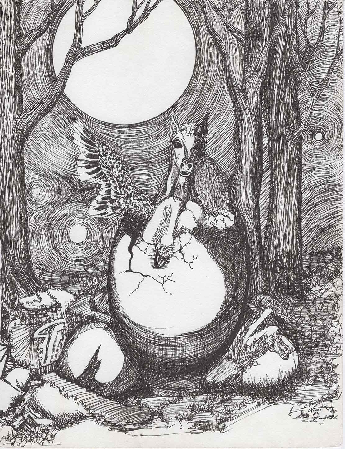 Genesis of Pegasus - Original Ink Drawing by Nikki Ikonomopoulos - 